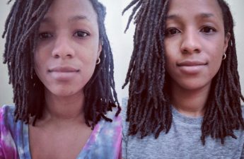 Left photo shows woman with locs in 2018 and right side shows same woman with longer locs in 2019.