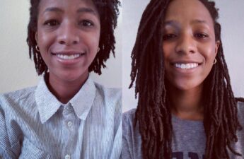 left image from 2016 and right image from 2020. shows woman with locs smiling at the camera. lefthand side locs are above the shoulder and righthand photo locs are past the shoulder
