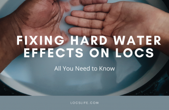 Fixing Hard Water Effects on Locs - All you need to know written in white text. under text is two hands in blueish white water.