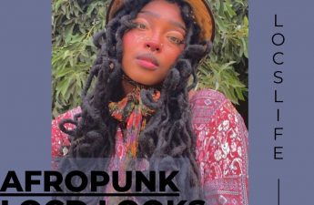 afropunk locd looks text on left hand side and locslife on the right. centered, is a photo of a woman with long curly locs and white freckles