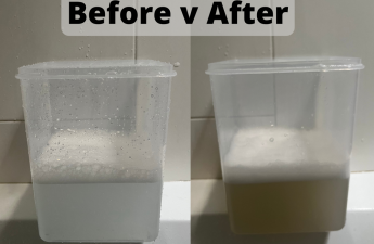 before and after collage. on the before side there is a bucket of soapy water tinted light blue. on the right side there is dirty soapy water. in article about comparison to dawn dish soap for removing residue from hair.