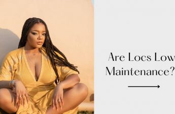 woman with locs wearing yellow dress and beautifully done makeup stares off screen. on the right half of the photo the text are locs low maintenance? is there with an arrow below