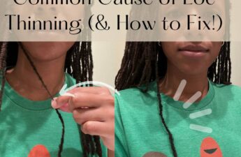woman side by side comparison. left side she is holding a thinning loc and on the right side it is repaired. text reads: "common cause of loc thinning (& how to fix!)