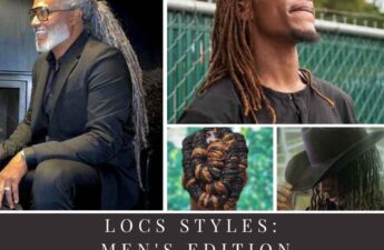 text reads locs styles: men's edition, and underneath that has text that reads locslife.com there are 4 photos in the collage, who are also pictured in the article. a man with silver locs, a man with brown dyed locs, a man with barrel twists, and a final man with curly locs in a cowboy hat
