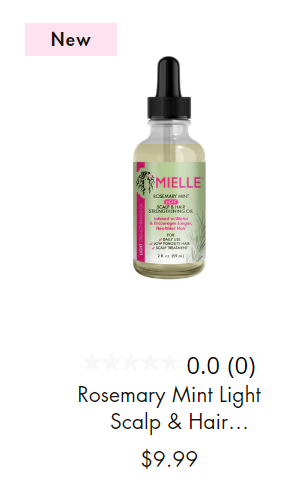 text reads Rosemary Mint Light Scalp & Hair.. for $9.99. photo is of the hair oil