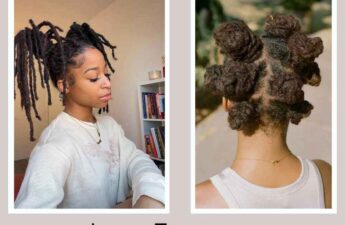 text reads: locs feature. left photo has woman with locs ponytail looking down and right photo is of same woman in bantu knots