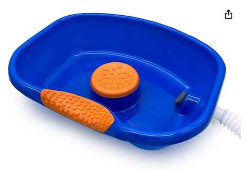 blue shampoo bowl called DMI Portable Shampoo Bowl for Bedside and Hair Washing,